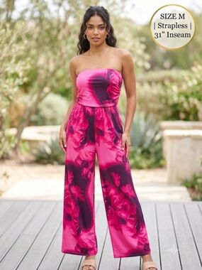 Forever 21 Pink Floral Strapless Tube Jumpsuit Wrinkle-Free Travel Stretch Med